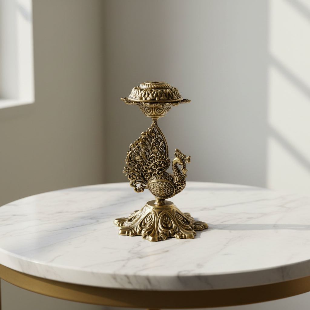 Handcrafted Brass Peacock Incense Holder – Decorative Agarbatti Stand for Pooja, Meditation, Home Temple & Spiritual Décor