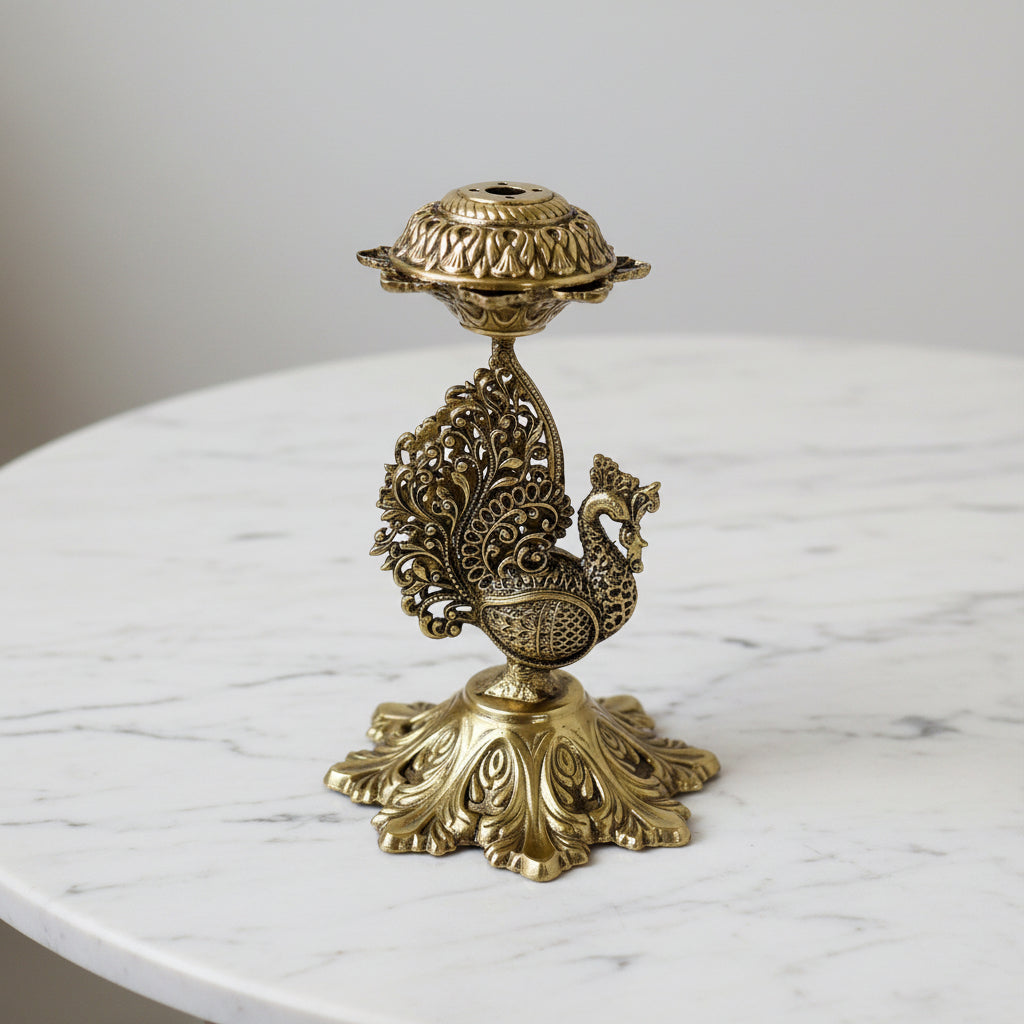 Handcrafted Brass Peacock Incense Holder – Decorative Agarbatti Stand for Pooja, Meditation, Home Temple & Spiritual Décor