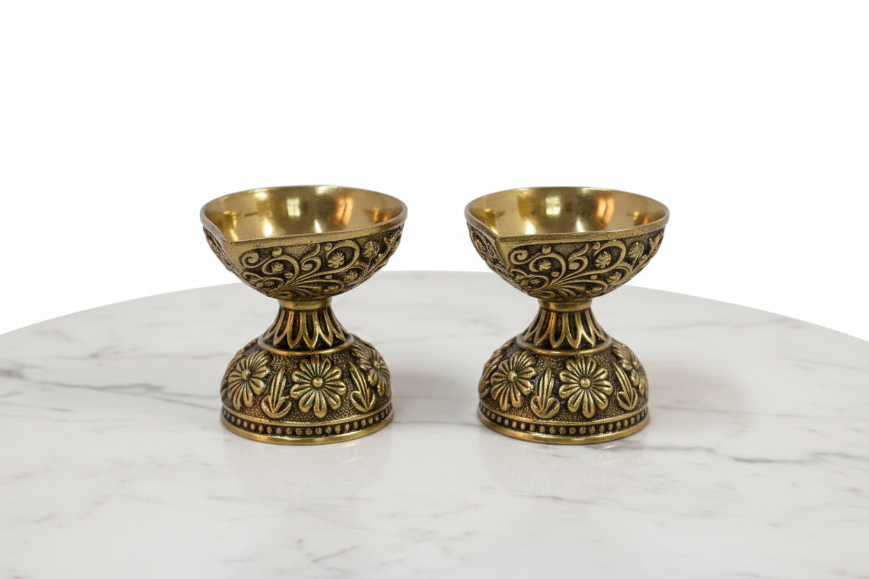 Handcrafted Brass Diya Set of 2 – Traditional Oil Lamps for Pooja, Home Temple, Diwali Décor & Spiritual Gifts