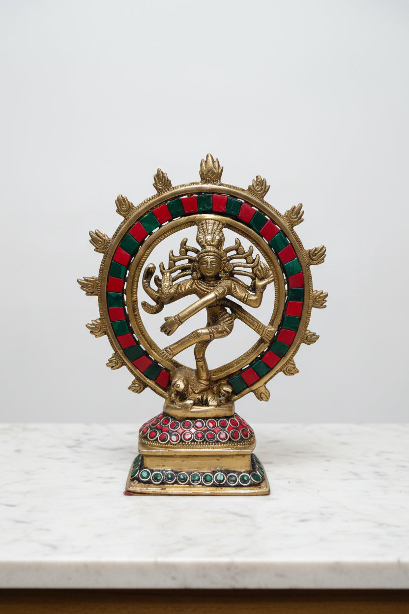 Handcrafted Brass Nataraj Idol with Stone Work – 9 Inch Lord Shiva Nataraja Statue for Home Temple, Meditation, Pooja, Vastu & Spiritual Home Décor