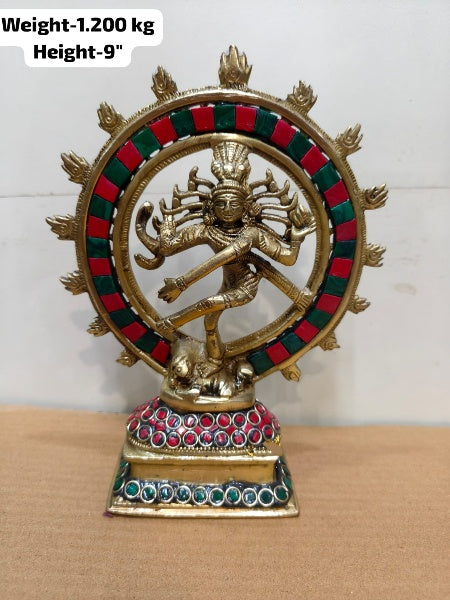 Handcrafted Brass Nataraj Idol with Stone Work – 9 Inch Lord Shiva Nataraja Statue for Home Temple, Meditation, Pooja, Vastu & Spiritual Home Décor