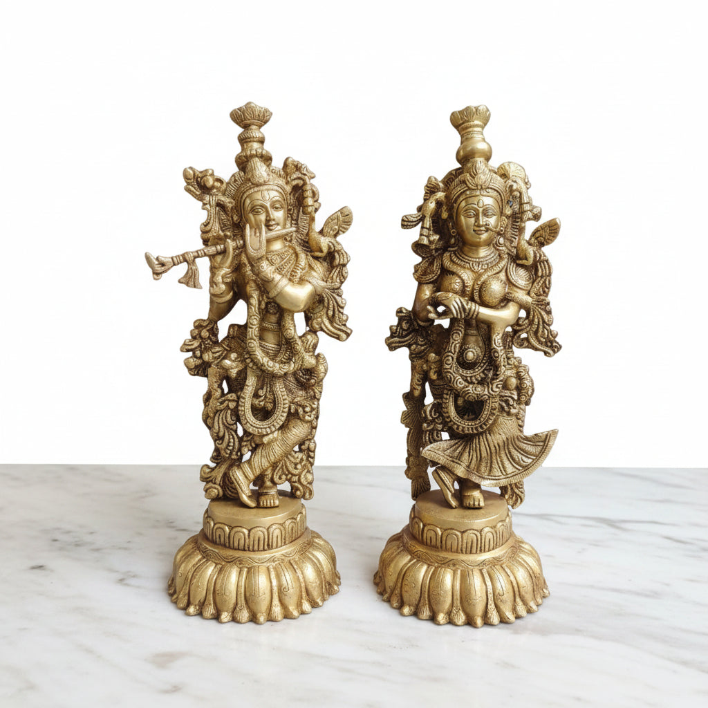 Handcrafted Brass Radha Krishna Statue – Divine Lord Krishna & Radha Idol for Home Temple, Pooja, Vastu, Spiritual Home Décor & Gift