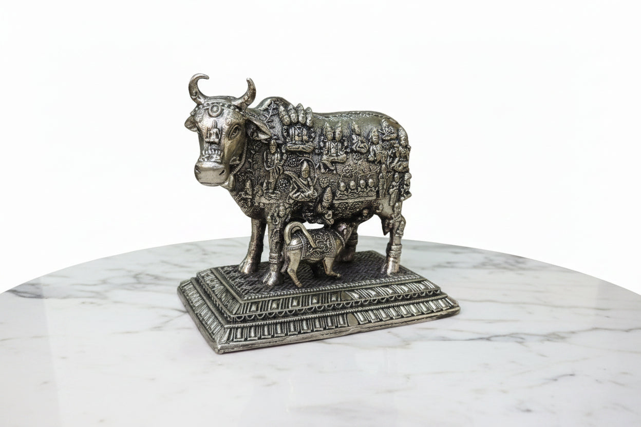 Handcrafted Brass Cow and Calf Statue – Kamdhenu Cow with Calf Idol for Home Temple, Vastu, Pooja, Spiritual Home Décor & Gift