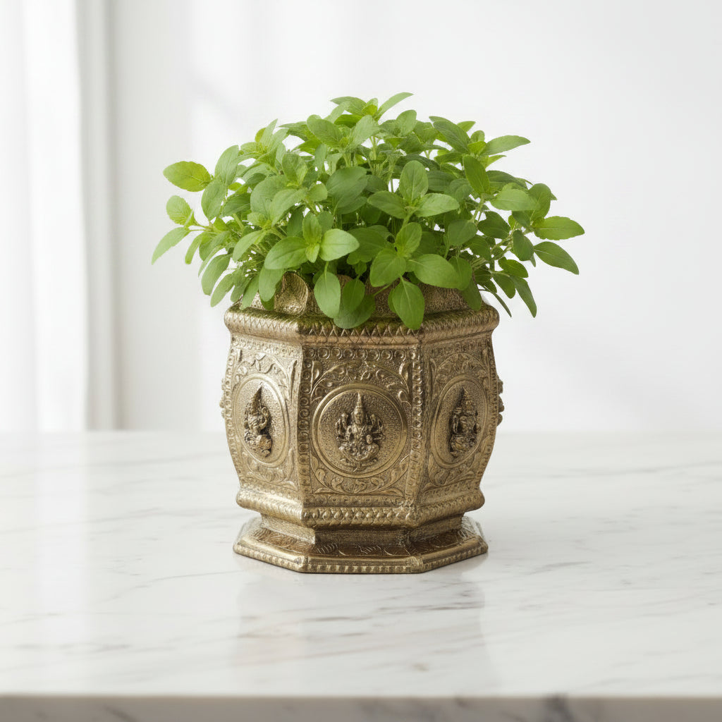 Handcrafted Brass Tulsi Pot – Traditional Brass Tulsi Planter for Tulsi Vivah, Home Temple, Pooja, Vastu & Spiritual Home Décor