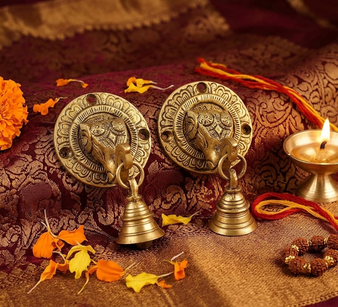 Handcrafted Brass set of 2 Elephant Face Wall & Door Decorative Bells – Traditional Hanging Bell for Home Entrance, Temple, Vastu & Festive Décor