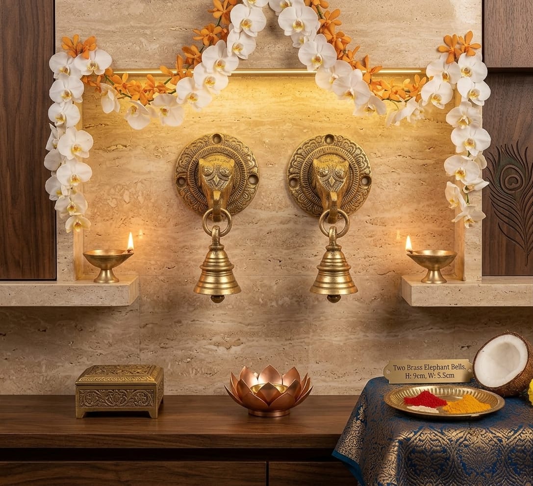 Handcrafted Brass set of 2 Elephant Face Wall & Door Decorative Bells – Traditional Hanging Bell for Home Entrance, Temple, Vastu & Festive Décor