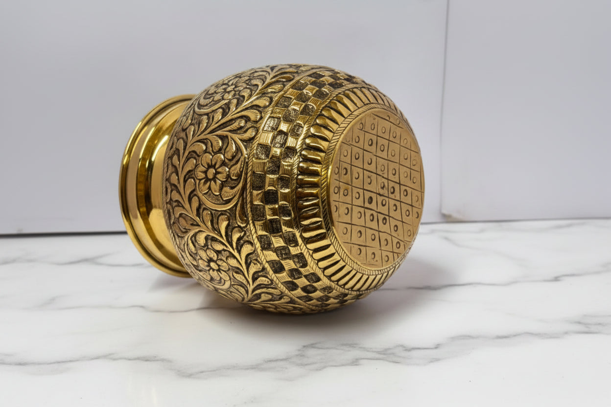 Handcrafted Brass Antique Shanku Chakra Nama Kalash – Traditional Pooja Kalash for Home Temple, Vastu, Religious Ceremonies & Spiritual Home Décor