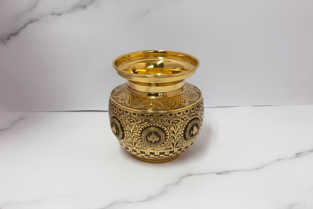 Handcrafted Brass Antique Shanku Chakra Nama Kalash – Traditional Pooja Kalash for Home Temple, Vastu, Religious Ceremonies & Spiritual Home Décor