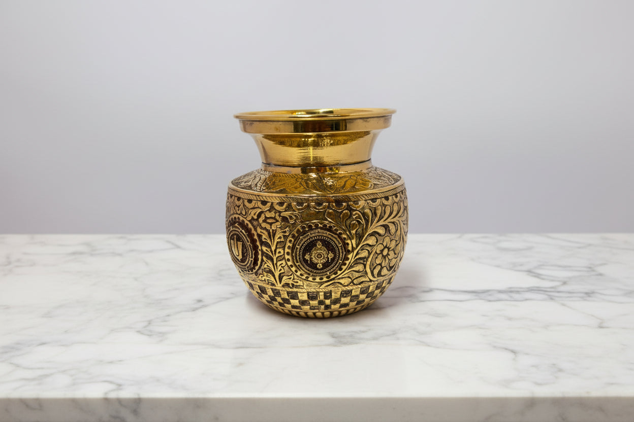 Handcrafted Brass Antique Shanku Chakra Nama Kalash – Traditional Pooja Kalash for Home Temple, Vastu, Religious Ceremonies & Spiritual Home Décor