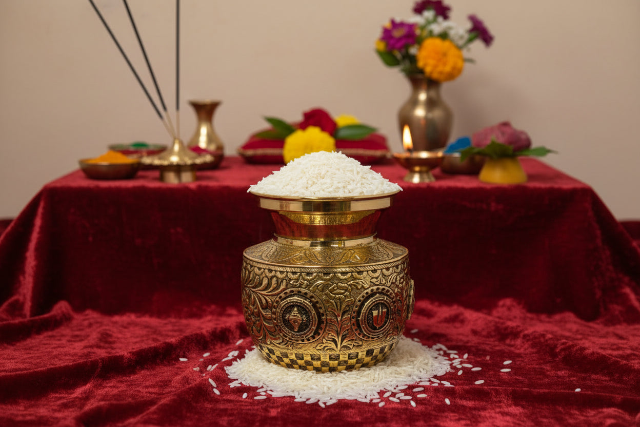 Handcrafted Brass Antique Shanku Chakra Nama Kalash – Traditional Pooja Kalash for Home Temple, Vastu, Religious Ceremonies & Spiritual Home Décor