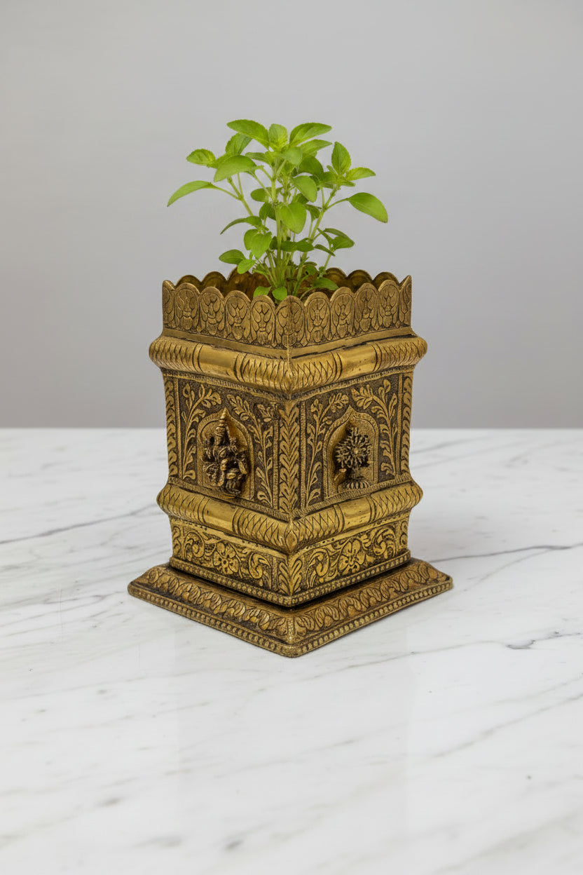 Handcrafted Brass Shanku Chakra Tulsi Pot – Antique Brass Tulsi Planter for Home Temple, Tulsi Pooja, Vastu & Spiritual Home Décor, 9.5"