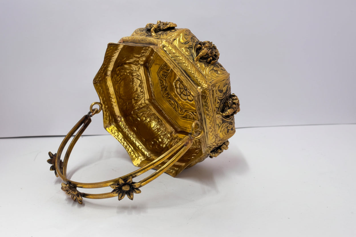 Handcrafted Brass Ashta Lakshmi Design Flower Basket – Decorative Pooja Basket for Flowers, Prasad, Home Temple, Diwali & Spiritual Home Décor, 8.5"