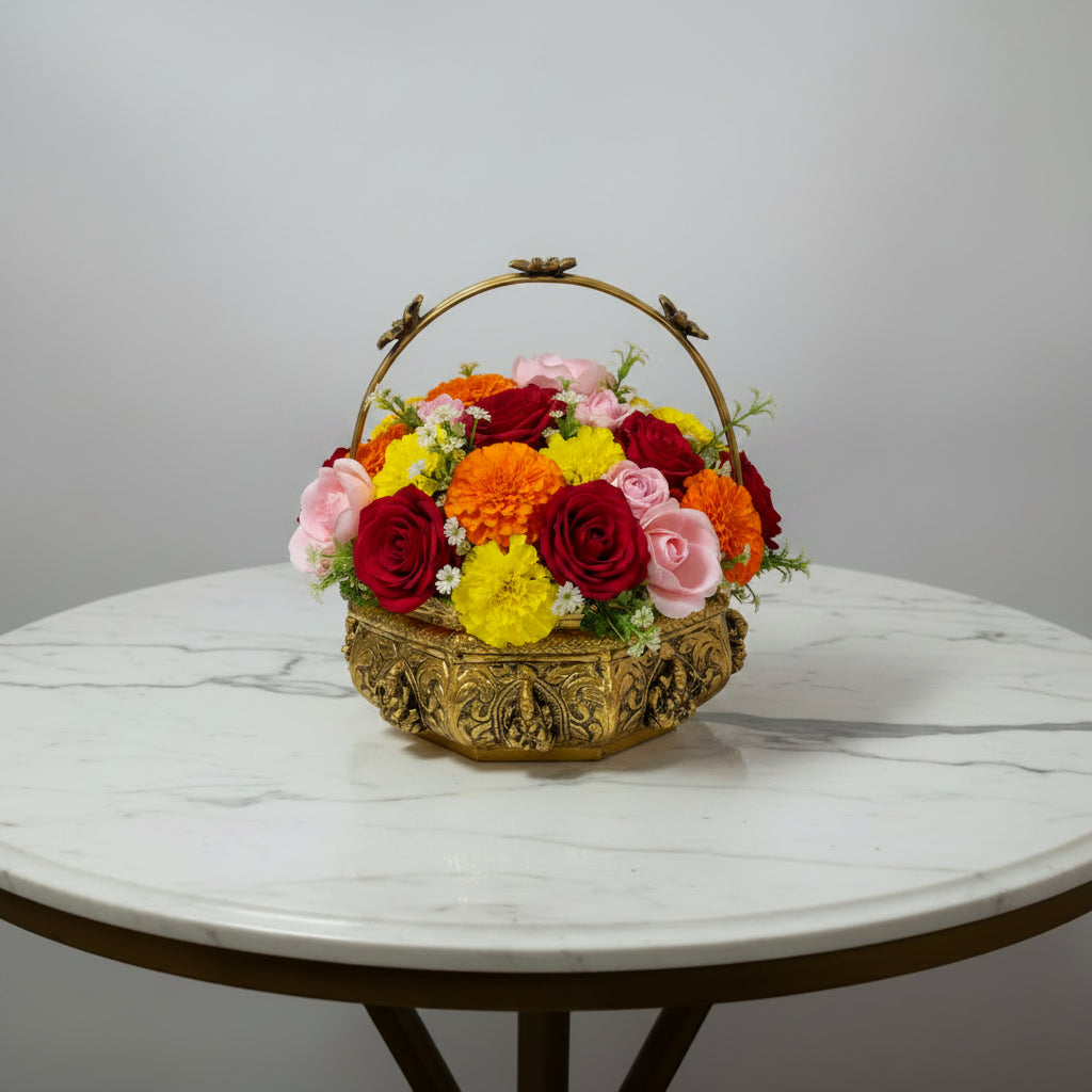 Handcrafted Brass Ashta Lakshmi Design Flower Basket – Decorative Pooja Basket for Flowers, Prasad, Home Temple, Diwali & Spiritual Home Décor, 7"