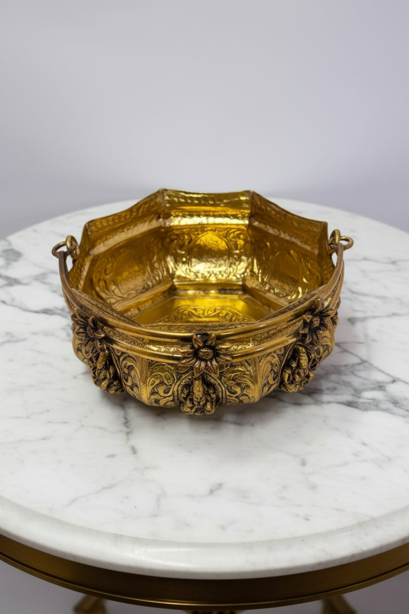 Handcrafted Brass Ashta Lakshmi Design Flower Basket – Decorative Pooja Basket for Flowers, Prasad, Home Temple, Diwali & Spiritual Home Décor, 8.5"