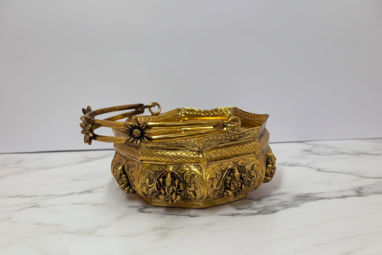 Handcrafted Brass Ashta Lakshmi Design Flower Basket – Decorative Pooja Basket for Flowers, Prasad, Home Temple, Diwali & Spiritual Home Décor, 8"