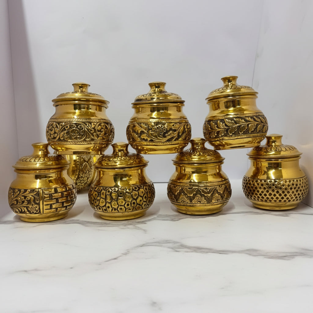 Handcrafted Brass Set of 2 Boxes with Lid – 3 Inch Decorative Storage Containers for Kumkum, Jewelry, Dry Fruits, Pooja & Home Décor