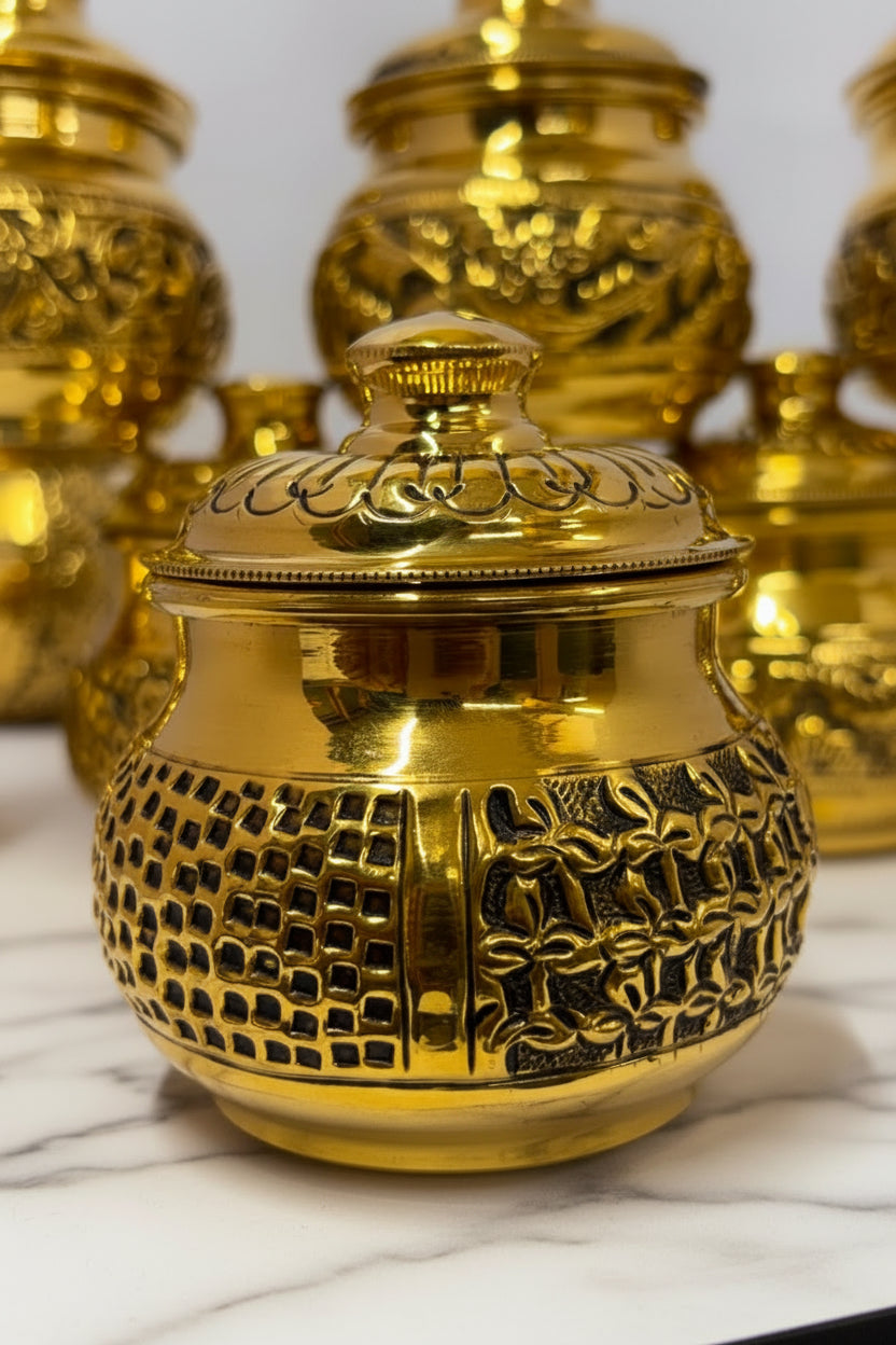 Handcrafted Brass Set of 2 Boxes with Lid – 3 Inch Decorative Storage Containers for Kumkum, Jewelry, Dry Fruits, Pooja & Home Décor