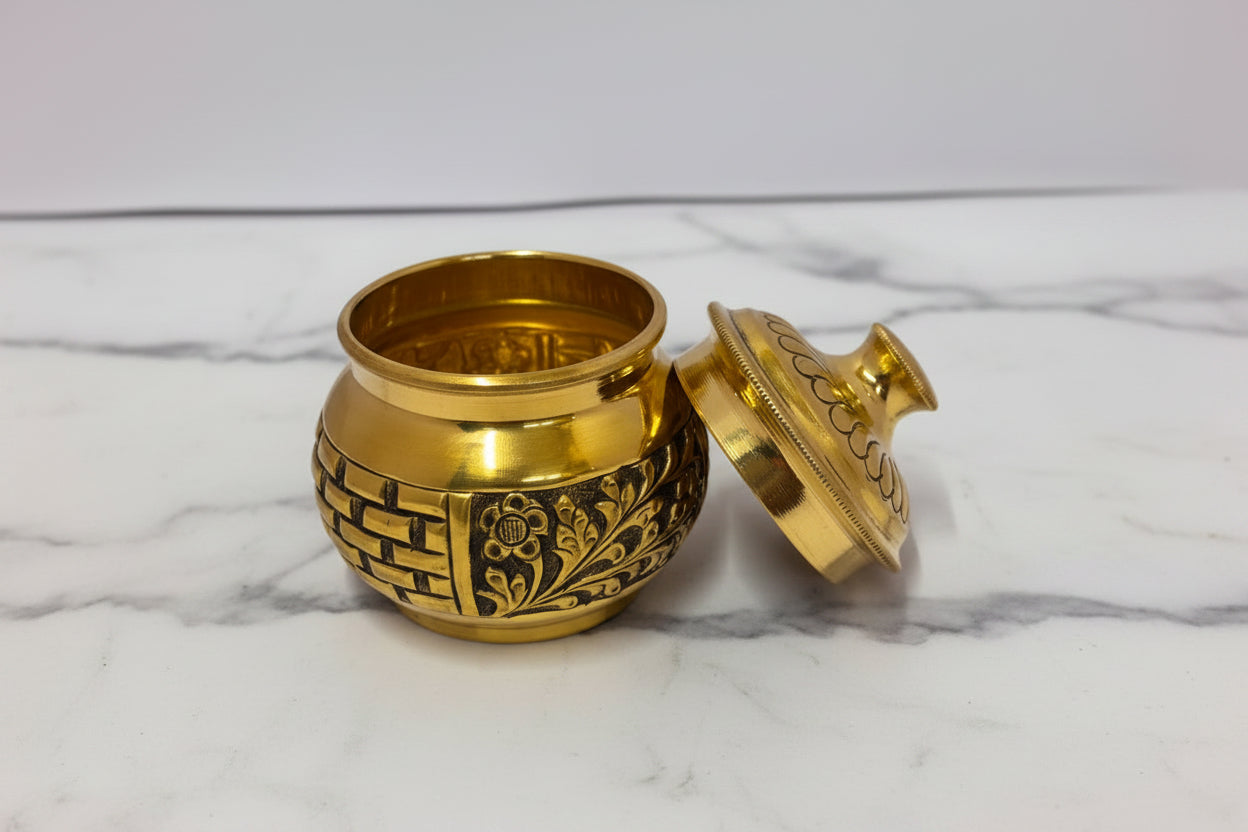 Handcrafted Brass Set of 2 Boxes with Lid – 3 Inch Decorative Storage Containers for Kumkum, Jewelry, Dry Fruits, Pooja & Home Décor