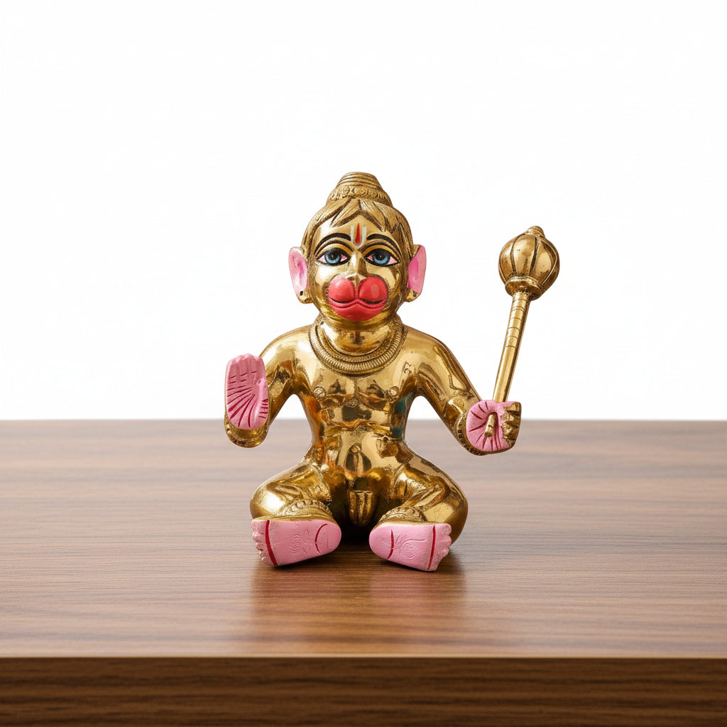 Handmade Brass Painted Hanuman Idol with Gada – Lord Hanuman Statue for Home Temple, Pooja, Spiritual Décor & Gift