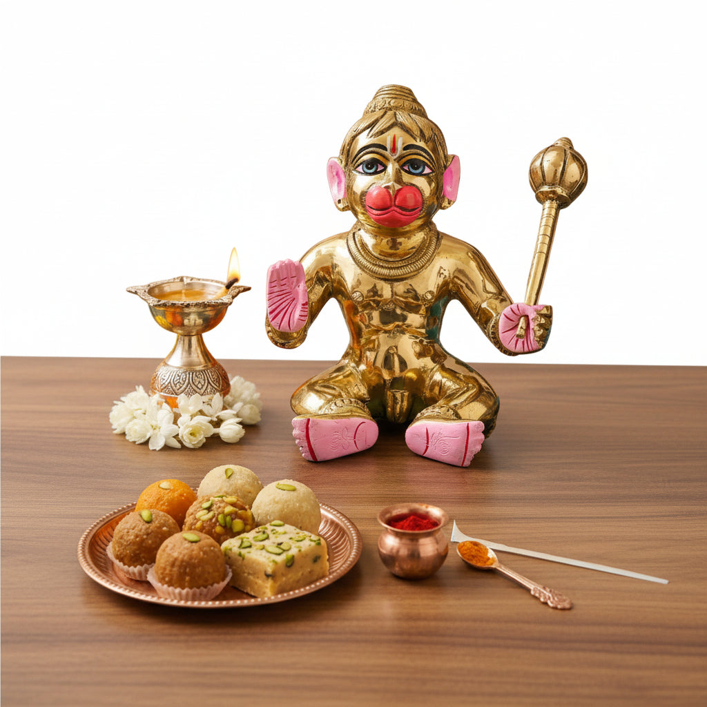 Handmade Brass Painted Hanuman Idol with Gada – Lord Hanuman Statue for Home Temple, Pooja, Spiritual Décor & Gift