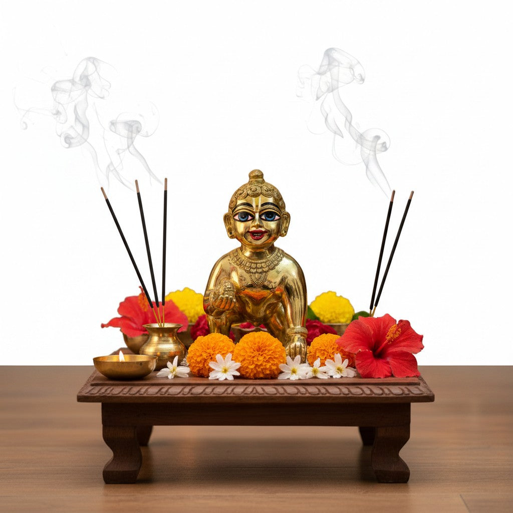 Handmade Brass Painted Laddu Gopal Idol – Bal Gopal Krishna Statue for Home Temple, Pooja, Janmashtami Décor & Spiritual Gift