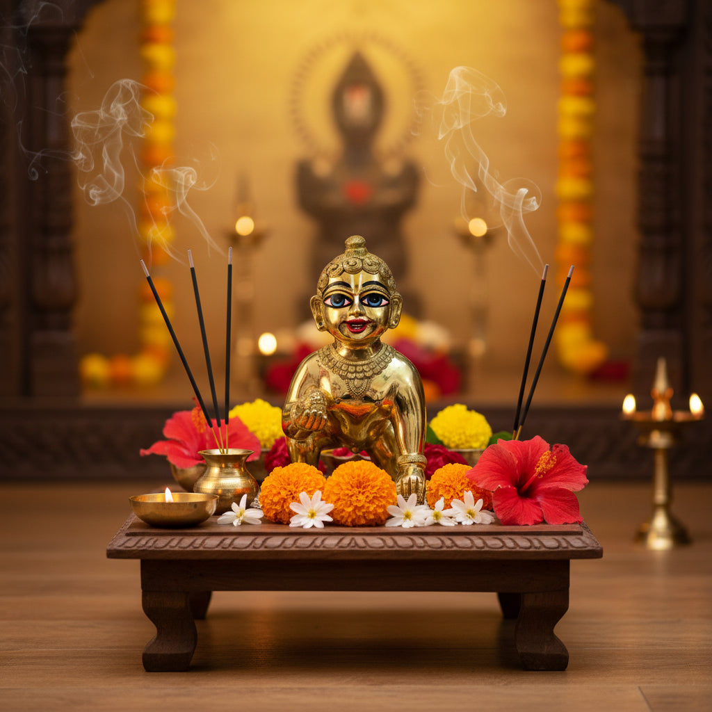 Handmade Brass Painted Laddu Gopal Idol – Bal Gopal Krishna Statue for Home Temple, Pooja, Janmashtami Décor & Spiritual Gift