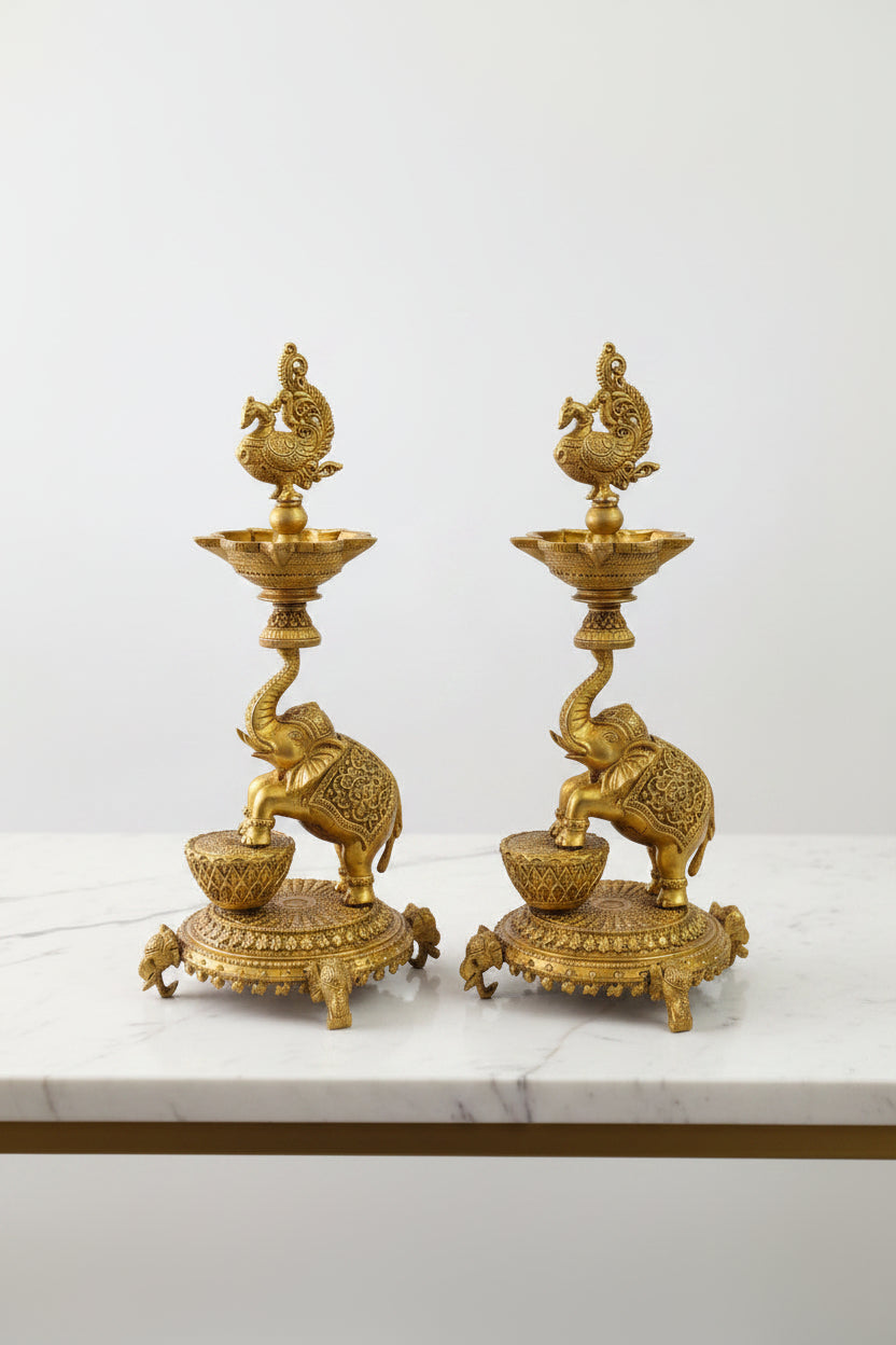 Handcrafted Brass Elephant with Peacock Diya pair – Traditional Oil Lamp for Pooja, Diwali & Home Temple Décor,