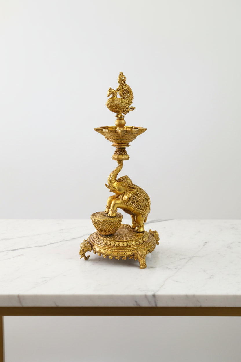 Handcrafted Brass Elephant with Peacock Diya pair – Traditional Oil Lamp for Pooja, Diwali & Home Temple Décor,