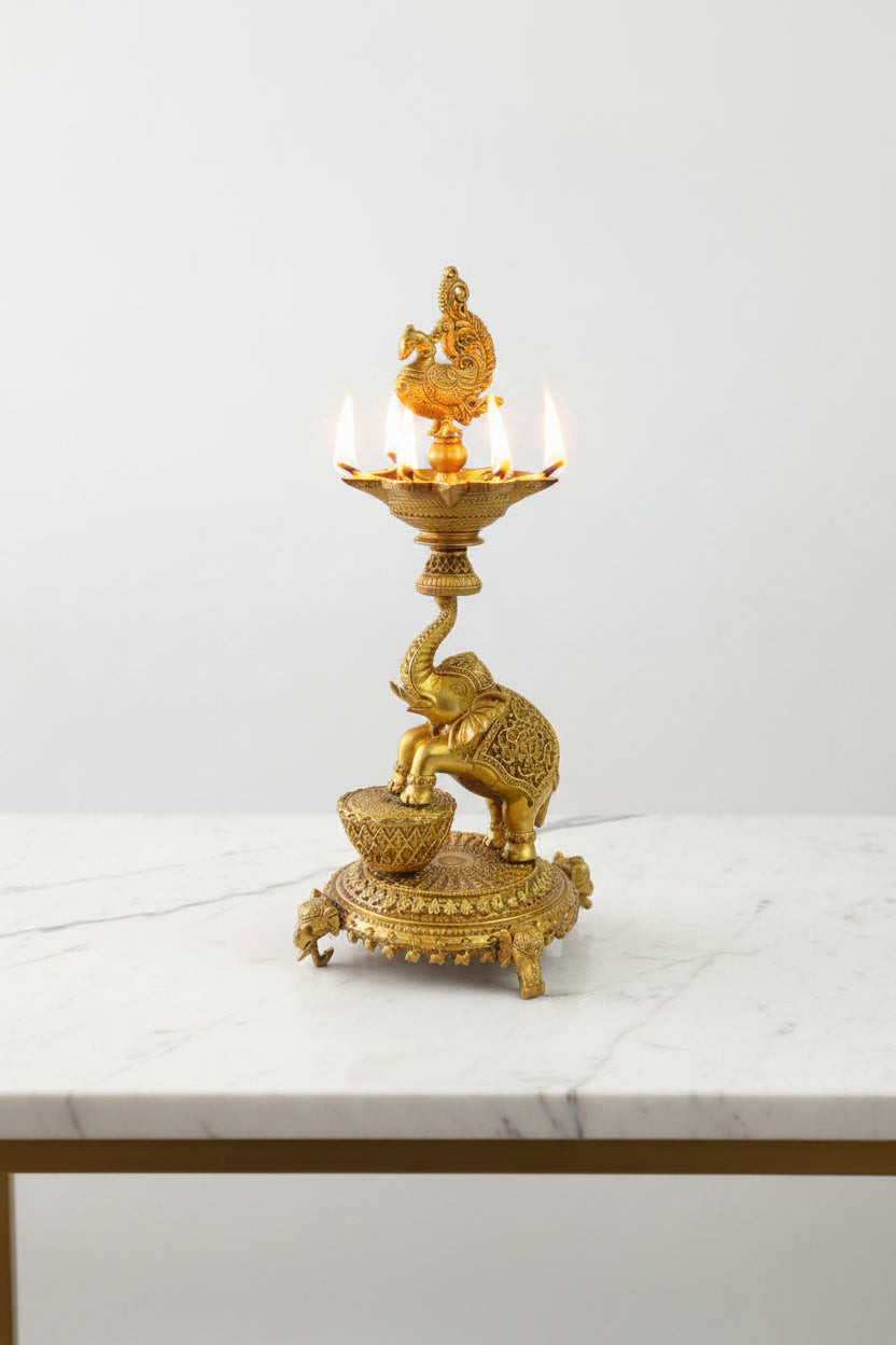 Handcrafted Brass Elephant with Peacock Diya – Traditional Oil Lamp for Pooja, Diwali & Home Temple Décor, 1 piece