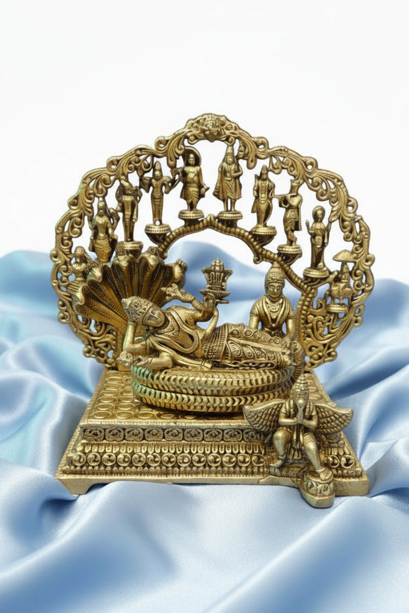 Handcrafted Lightweight Brass Vishnu Lakshmi Shaiya with Dashavatar Frame – Divine Wall Décor for Home Temple, Pooja & Spiritual Gift