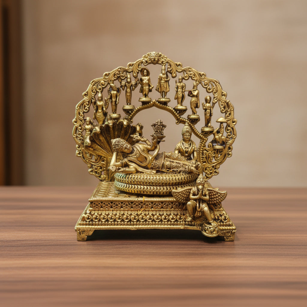 Handcrafted Lightweight Brass Vishnu Lakshmi Shaiya with Dashavatar Frame – Divine Wall Décor for Home Temple, Pooja & Spiritual Gift