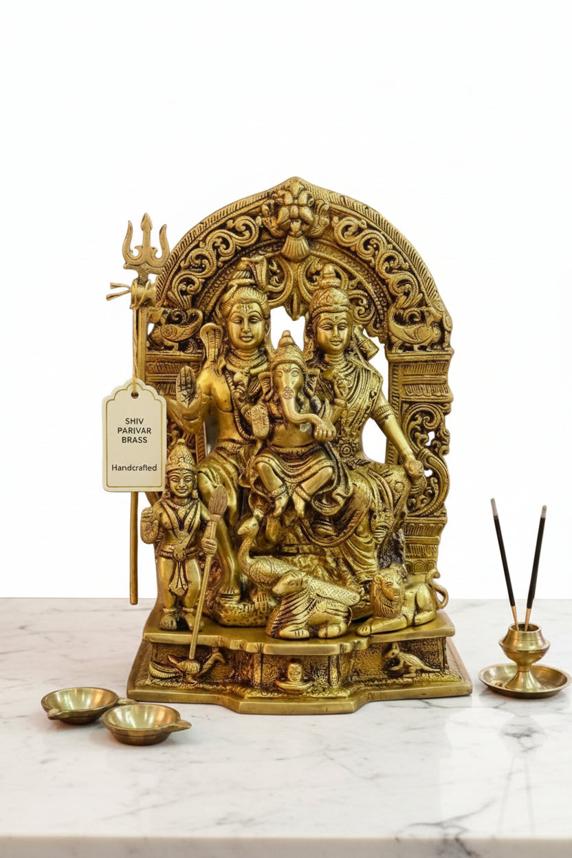 Handmade Brass Shiva Family Idol – Lord Shiva, Parvati & Ganesha Statue | Shiv Parivar Brass Sculpture for Home Temple, Pooja & Spiritual Décor
