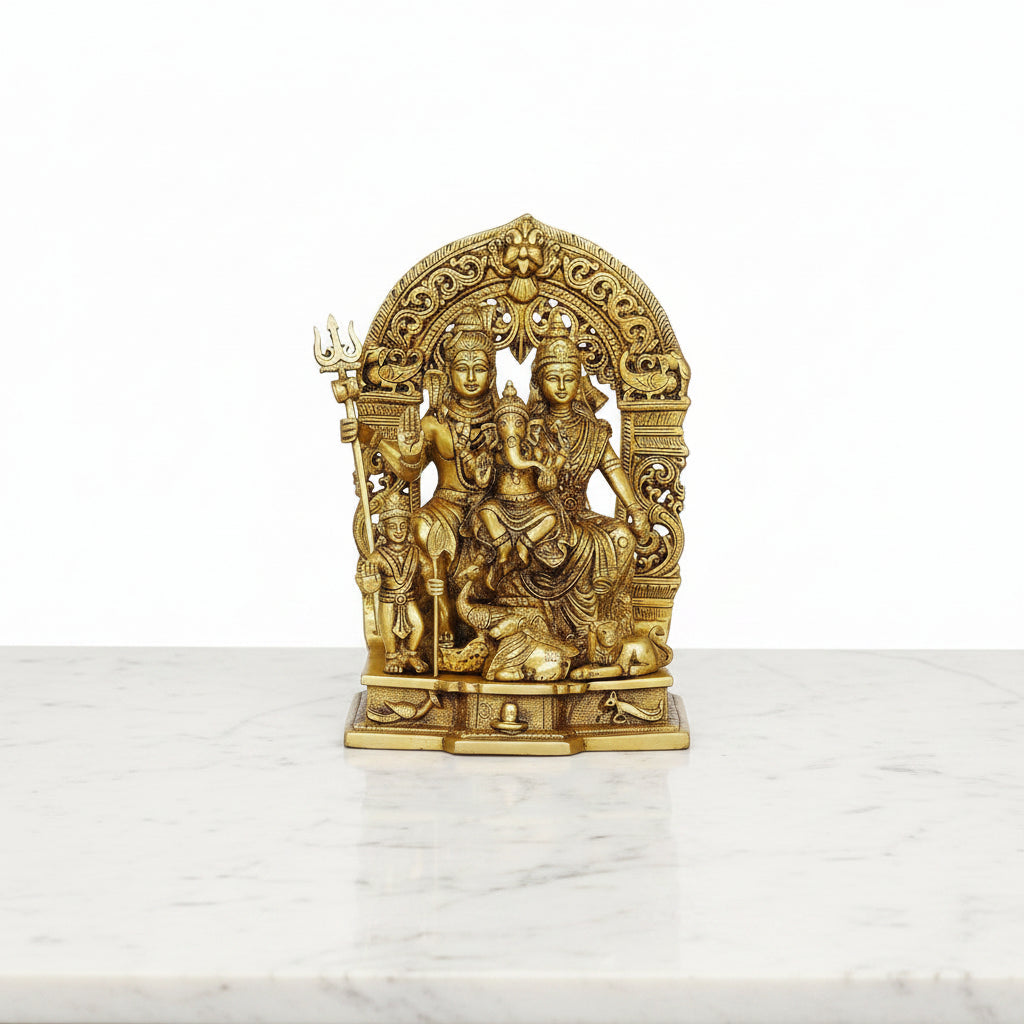 Handmade Brass Shiva Family Idol – Lord Shiva, Parvati & Ganesha Statue | Shiv Parivar Brass Sculpture for Home Temple, Pooja & Spiritual Décor