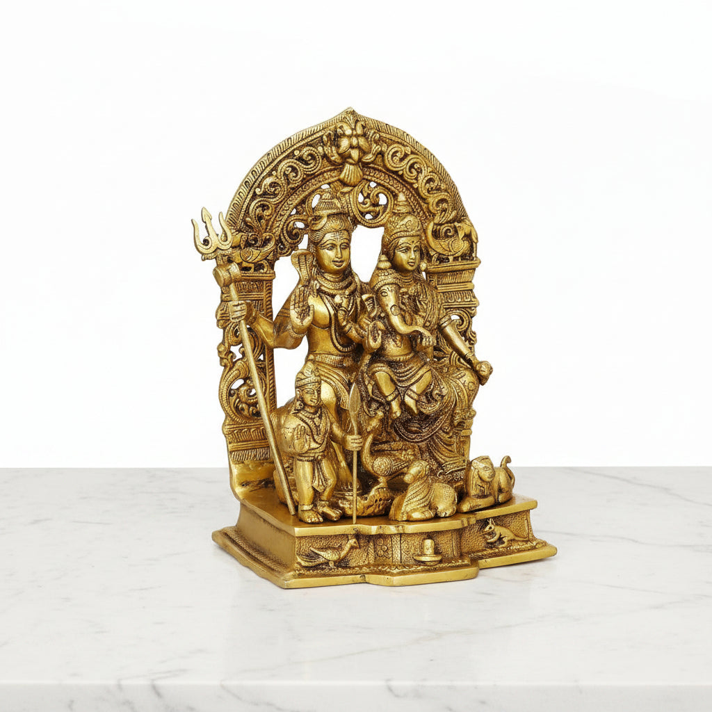 Handmade Brass Shiva Family Idol – Lord Shiva, Parvati & Ganesha Statue | Shiv Parivar Brass Sculpture for Home Temple, Pooja & Spiritual Décor