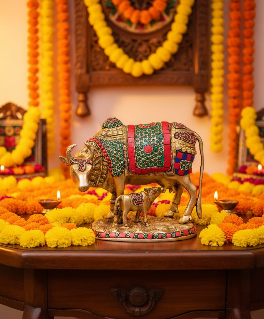 Handcrafted Brass Kamdhenu Cow with Calf Idol – Multicolor Gau Mata & Surabhi Statue for Home Temple, Pooja, Vastu & Spiritual Décor