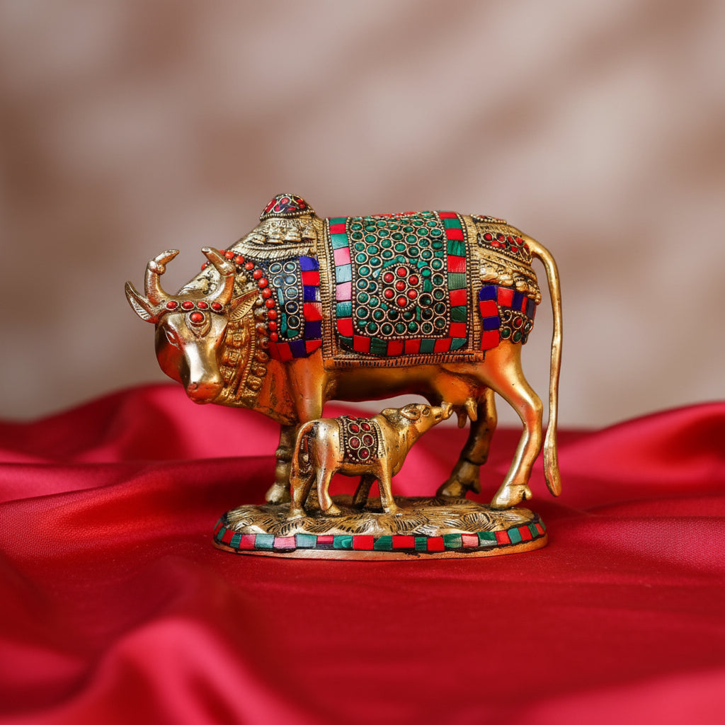 Handcrafted Brass Kamdhenu Cow with Calf Idol – Multicolor Gau Mata & Surabhi Statue for Home Temple, Pooja, Vastu & Spiritual Décor