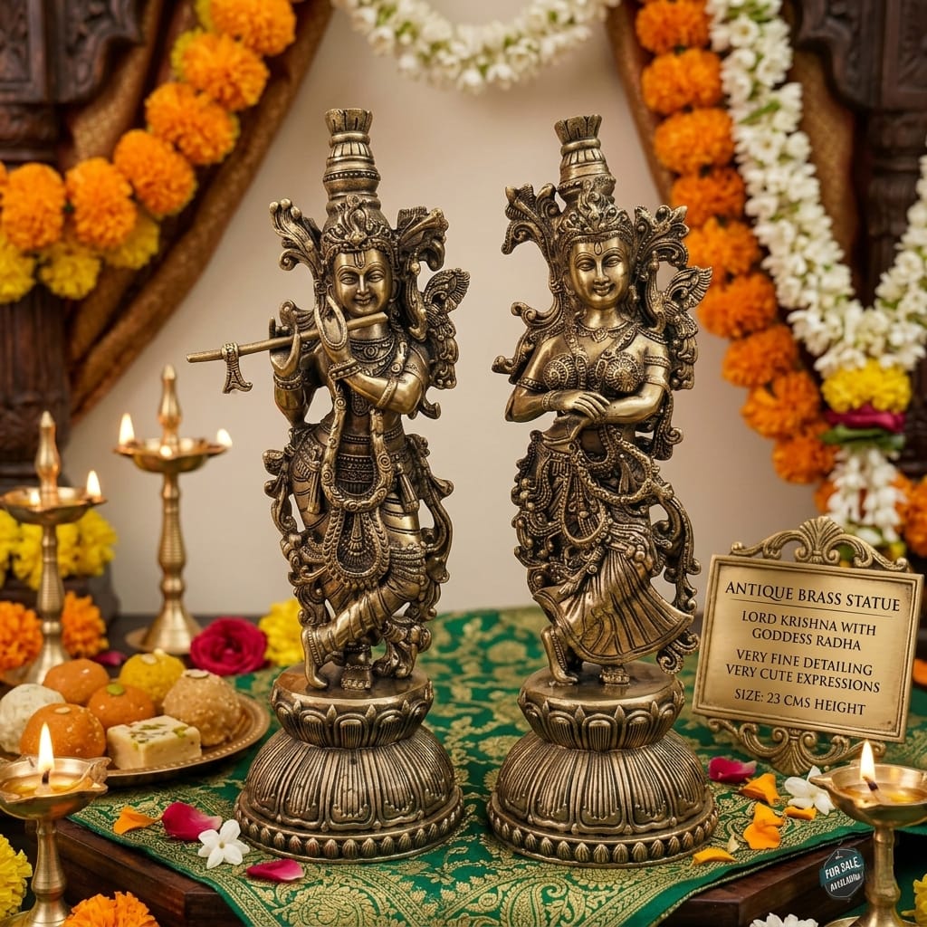 Handcrafted Brass Radha Krishna Idol – Lord Krishna & Radha Murti Statue for Home Temple, Pooja, Spiritual Décor & Gifting