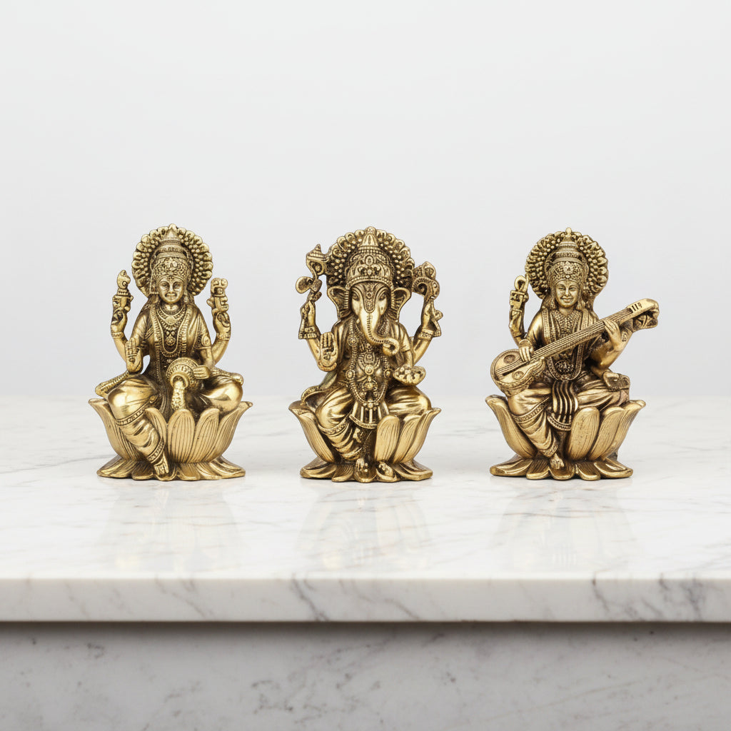 Brass Lakshmi Ganesh Saraswati Individual Idols – Lotus Sitting Handmade Statues for Home Mandir, Pooja & Festival Decor