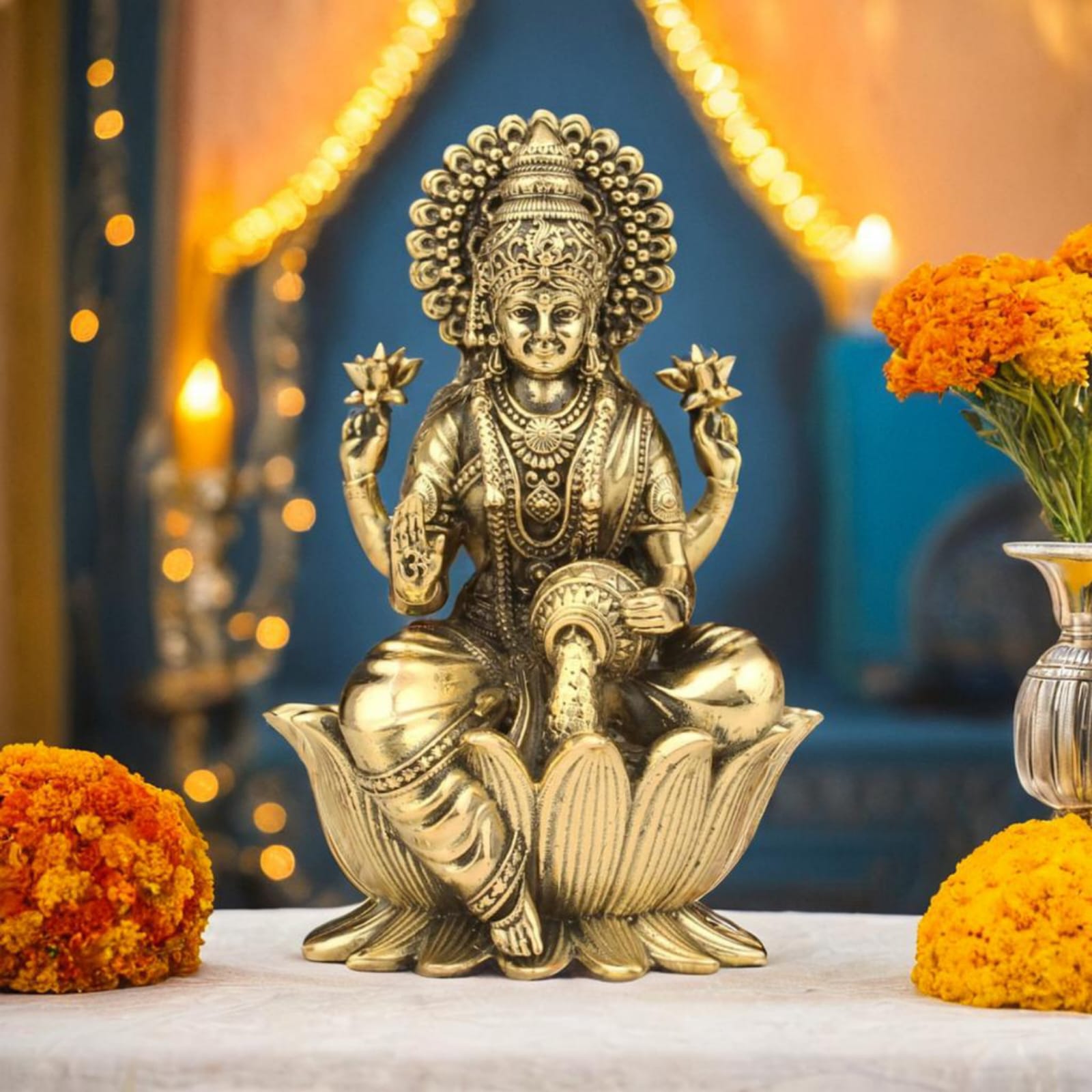 Brass Lakshmi Ganesh Saraswathi Individual Idols – Lotus Sitting Handmade Statues for Home Mandir, Pooja & Festival Decor