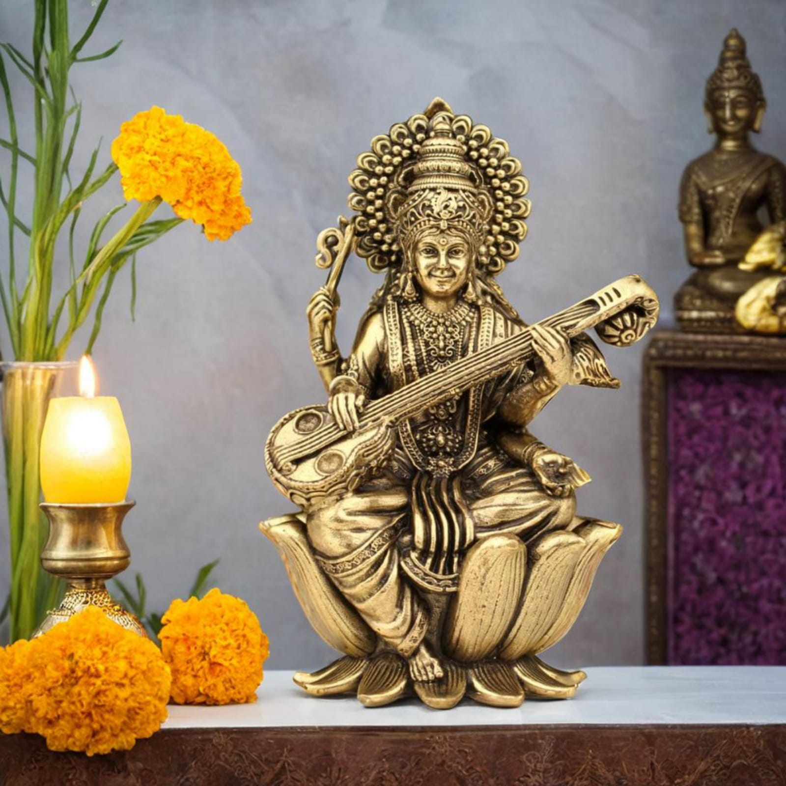 Brass Lakshmi Ganesh Saraswathi Individual Idols – Lotus Sitting Handmade Statues for Home Mandir, Pooja & Festival Decor
