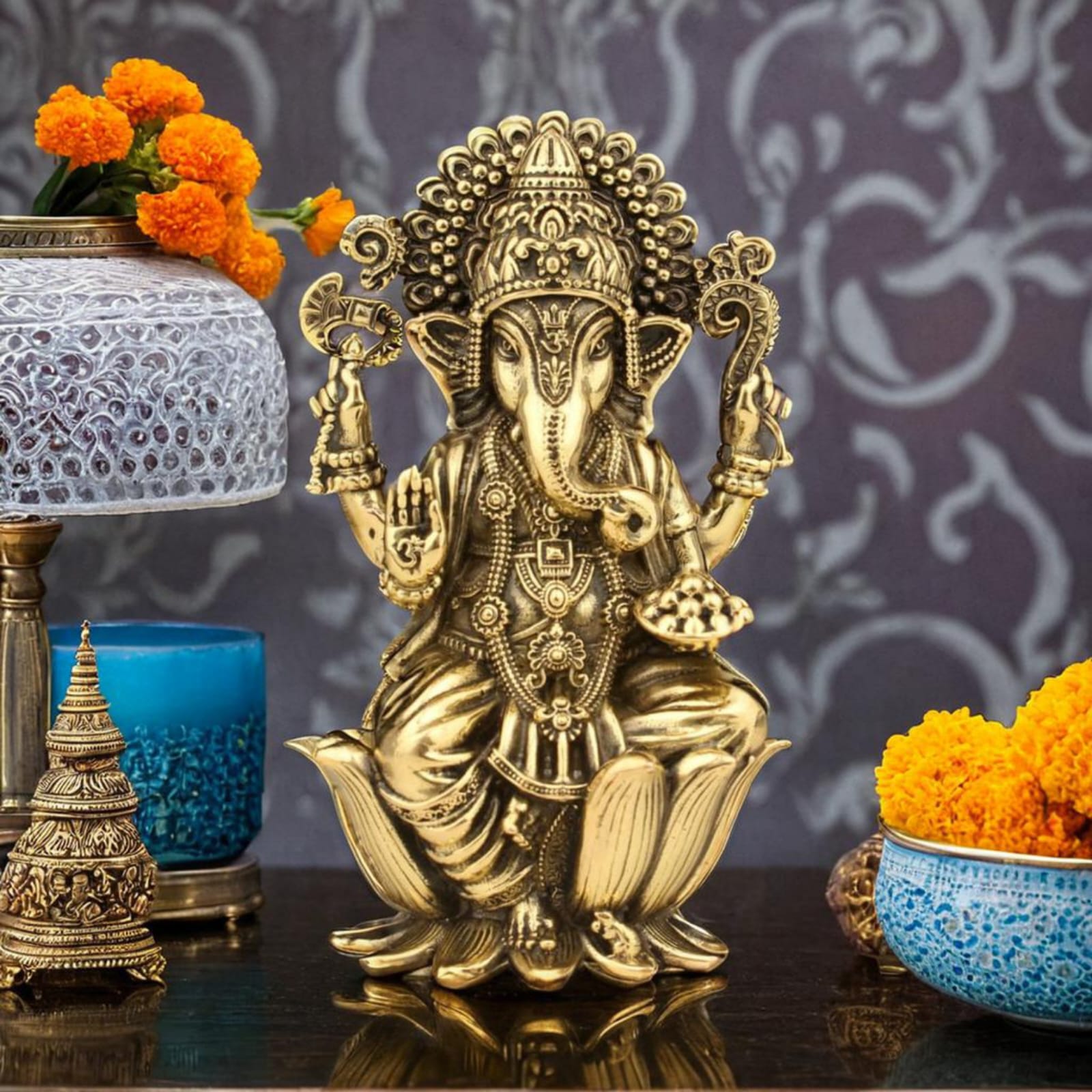 Brass Lakshmi Ganesh Saraswathi Individual Idols – Lotus Sitting Handmade Statues for Home Mandir, Pooja & Festival Decor