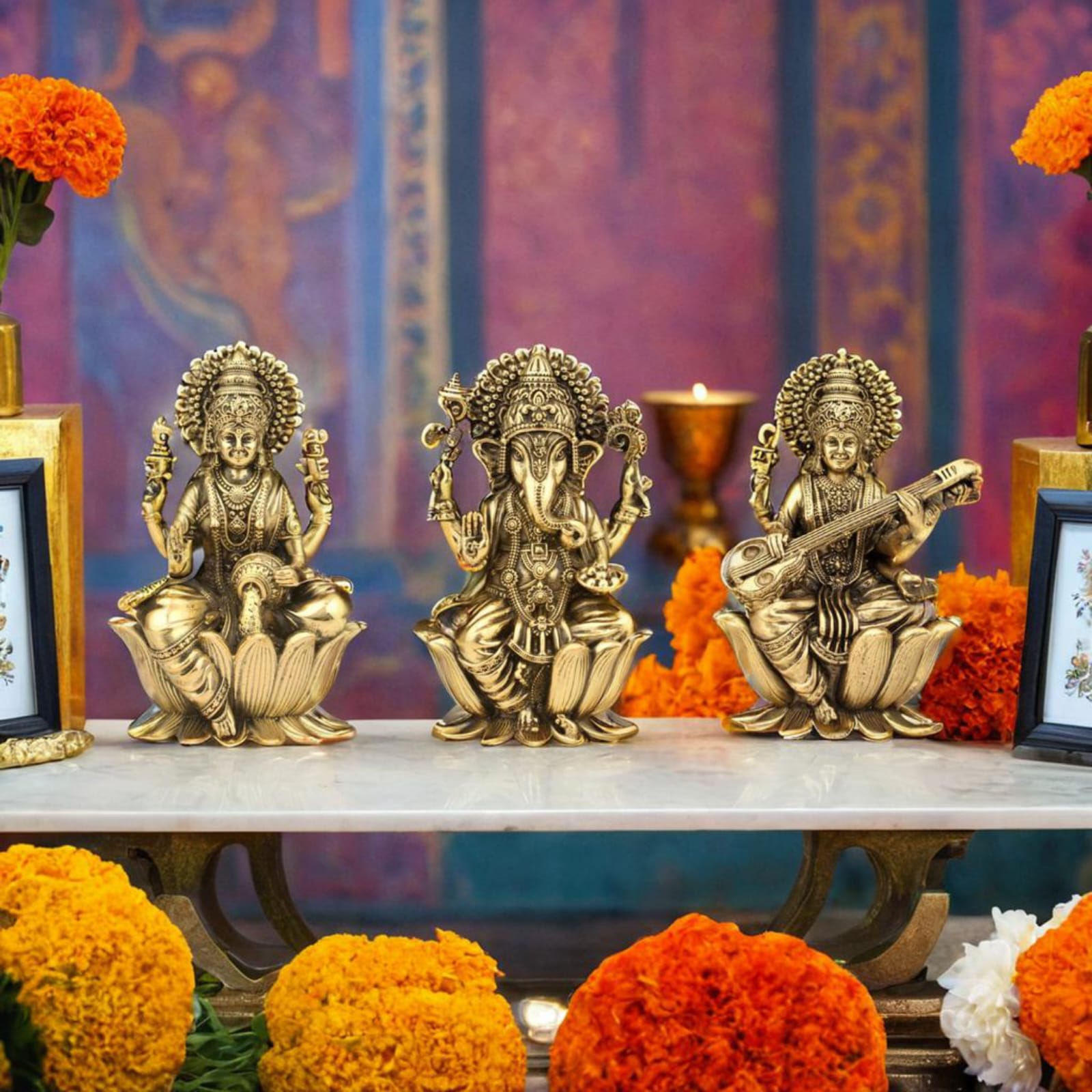 Brass Lakshmi Ganesh Saraswati Individual Idols – Lotus Sitting Handmade Statues for Home Mandir, Pooja & Festival Decor