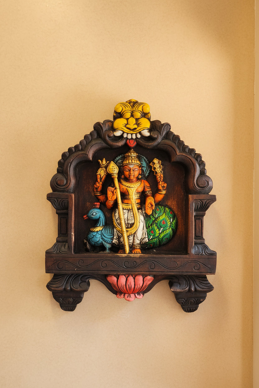 Handmade Handpainted Murugan Wooden Panel Wall Hanging | Lord Kartikeya Wall Decor | Wooden Temple Panel | Spiritual Home Decor | Vastu Gift