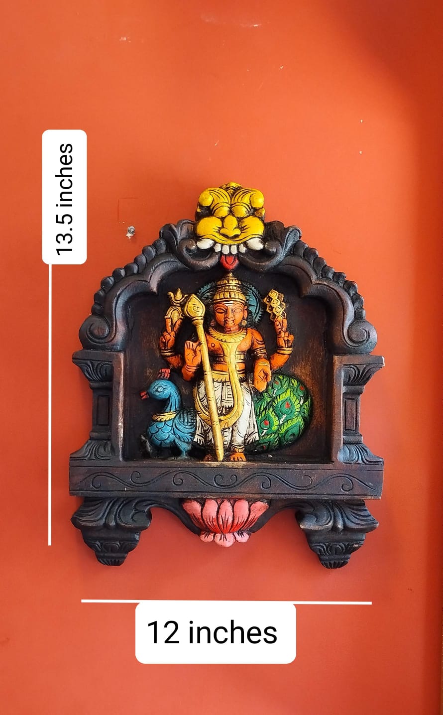 Handmade Handpainted Murugan Wooden Panel Wall Hanging | Lord Kartikeya Wall Decor | Wooden Temple Panel | Spiritual Home Decor | Vastu Gift