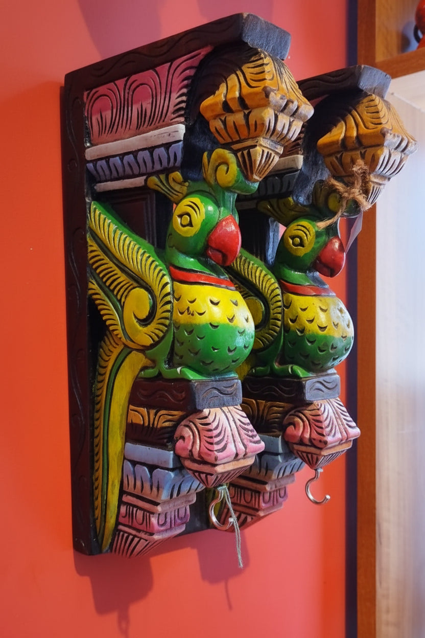 Handmade Wooden Parrot Wall Bracket pair | Hand-Carved Decorative Wall Shelf Bracket | Traditional Indian Home Décor | Rustic Wooden Accent, 2 parrot bracket