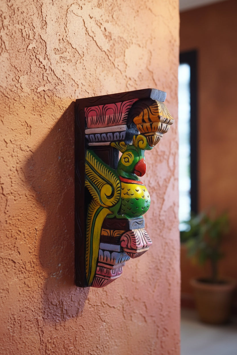 Handmade Wooden Parrot Wall Bracket | Hand-Carved Decorative Wall Shelf Bracket | Traditional Indian Home Décor | Rustic Wooden Accent, 1 parrot bracket
