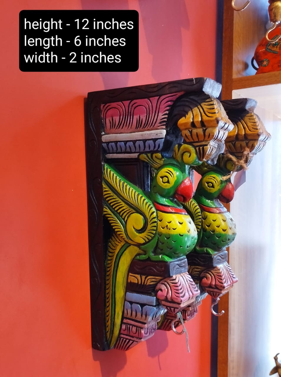Handmade Wooden Parrot Wall Bracket | Hand-Carved Decorative Wall Shelf Bracket | Traditional Indian Home Décor | Rustic Wooden Accent, 1 parrot bracket