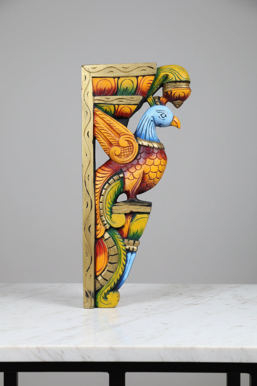 Handmade handpainted Wooden Peacock Wall Bracket | Hand-Carved Decorative Wall Corbel | Traditional Indian Home Décor | Wooden Shelf Bracket | Set of 1