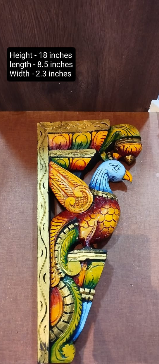 Handmade handpainted Wooden Peacock Wall Bracket | Hand-Carved Decorative Wall Corbel | Traditional Indian Home Décor | Wooden Shelf Bracket | Set of 1