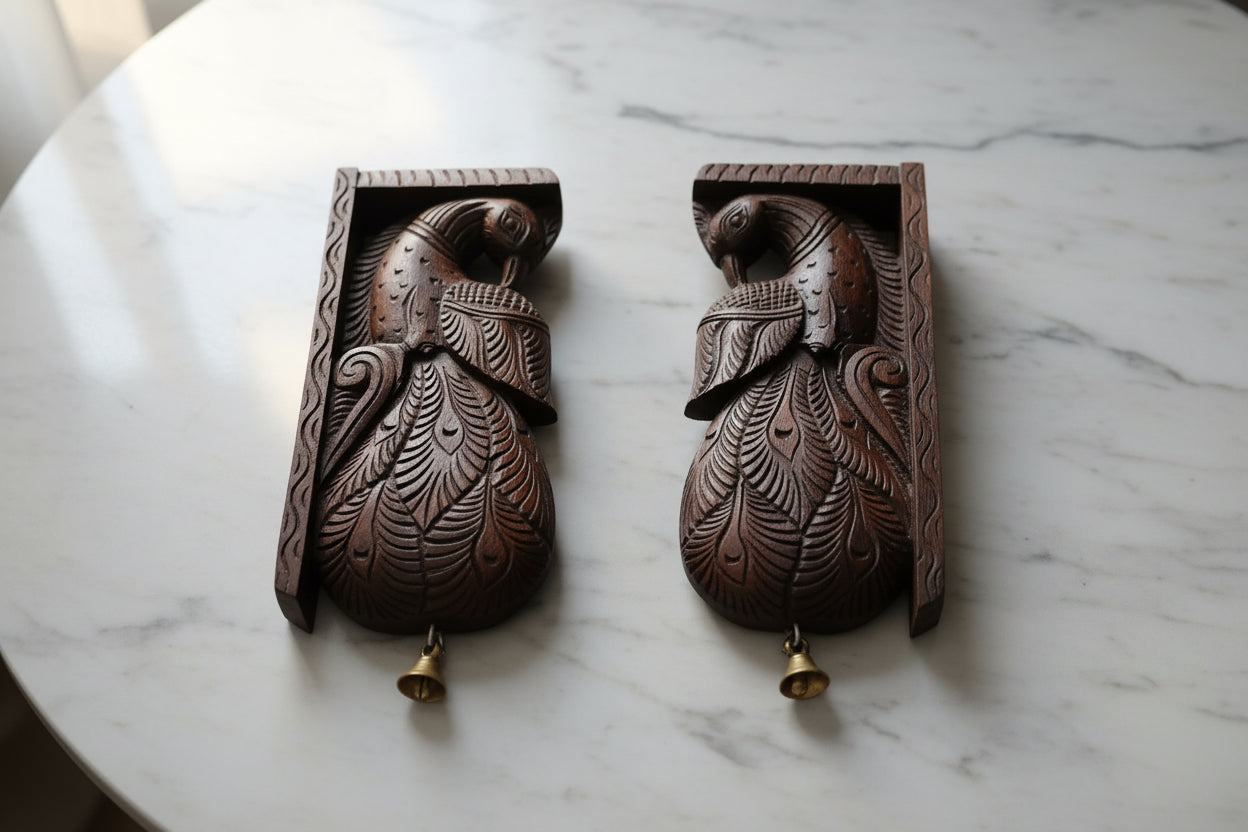 Set of 2 handmade handpainted wooden peacock wall brackets featuring hand-carved traditional Indian designs, perfect as decorative shelf corbels and heritage-inspired home décor accents.